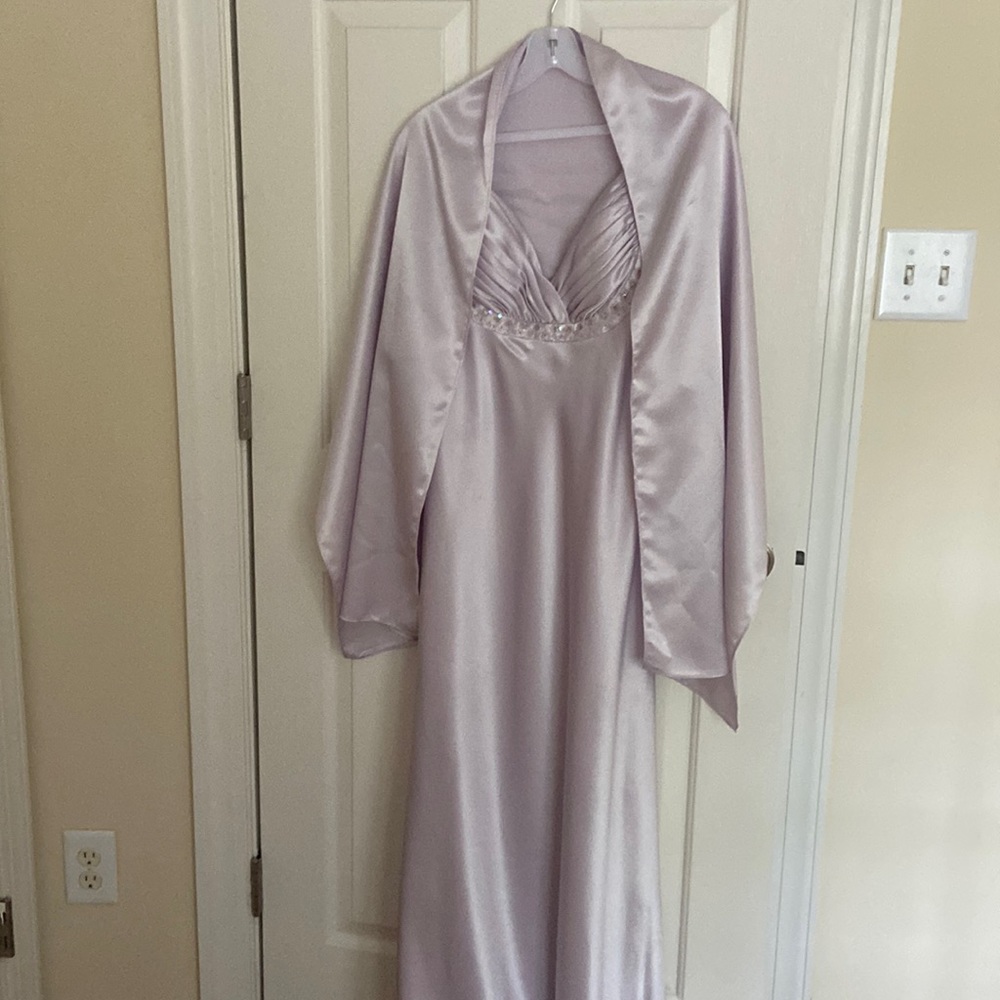 Pale lilac formal gown size large with shoulders tacked up (easy to let out).